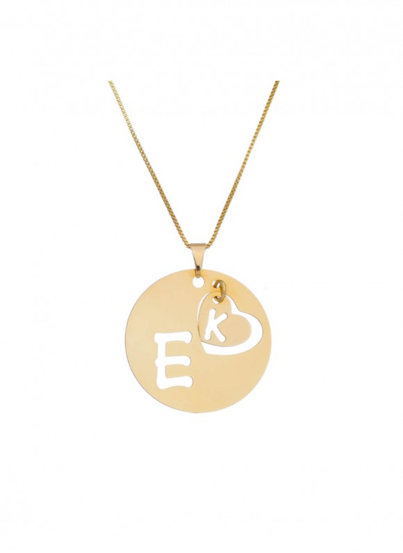 Colar fino com pingente circular e duas letras personalizadas (2ª letra no coração) folheado em ouro 18k Colar fino com pingente circular e duas letras personalizadas (2ª letra no coração) folheado em ouro 18k