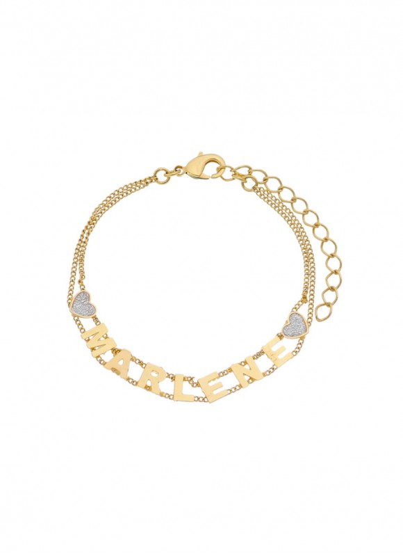 Pulseira de corrente dupla com nome personalizado e dois corações folheado em ouro 18k Pulseira de corrente dupla com nome personalizado e dois corações folheado em ouro 18k