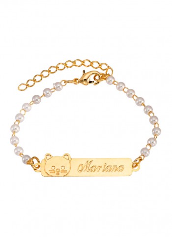 Pulseira de pérolas Infantil com nome gravado e gatinho folheado em ouro 18k  Pulseira de pérolas Infantil com nome gravado e gatinho folheado em ouro 18k