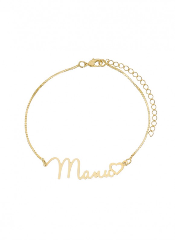 Pulseira de corrente fina com nome personalizado e coração folheado em ouro 18k Pulseira de corrente fina com nome personalizado e coração folheado em ouro 18k
