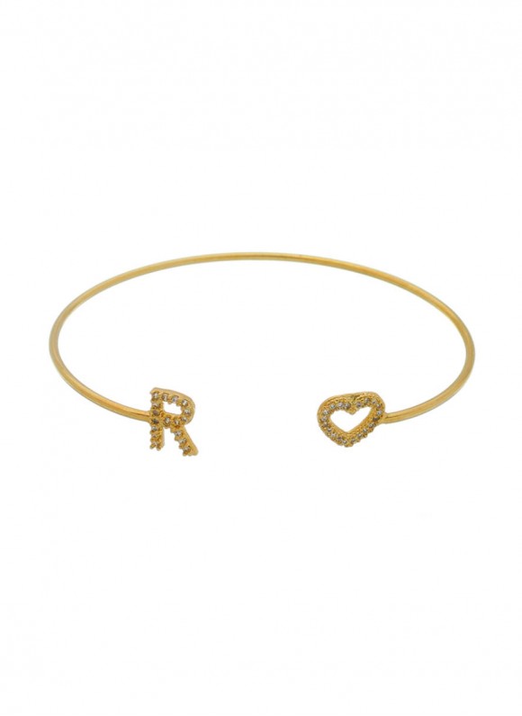 Pulseira fina de ajuste com uma letra personalizada de brilhante e coração folheado em ouro 18k Pulseira fina de ajuste com uma letra personalizada de brilhante e coração folheado em ouro 18k