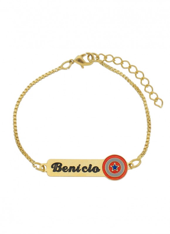 Pulseira Infantil personalizada com nome gravado e desenho de Escudo folheado em ouro 18k