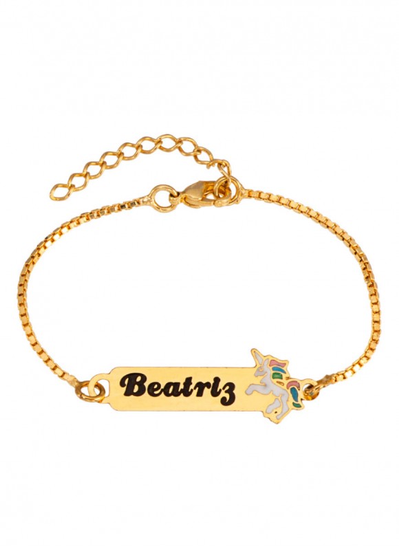 Pulseira Infantil personalizada com nome gravado e desenho de Unicórnio folheado em ouro 18k Pulseira Infantil personalizada com nome gravado e desenho de Unicórnio folheado em ouro 18k